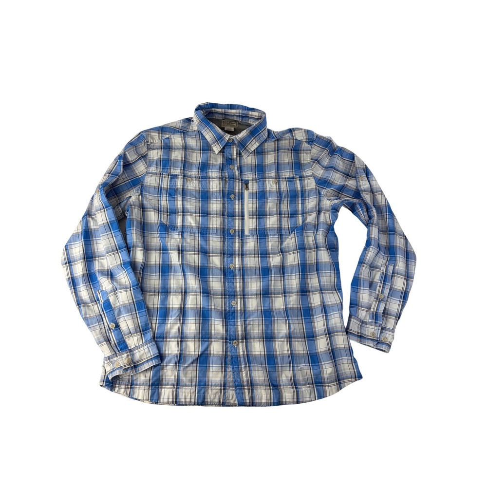 LL Bean Shirt Mens L Plaid Technical Ventilated Blue‎ White Fishing Long Sleeve